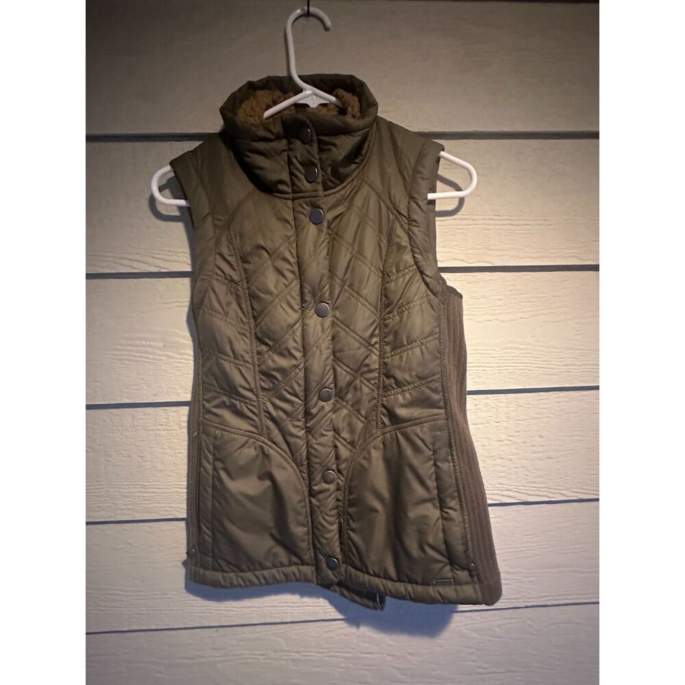 prAna Diva Chevron Quilted Snap Button Sherpa Lined Winter Vest Khaki Brown S